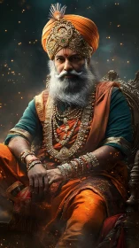 Regal bearded ruler in ornate turban rendered with hyper-detailed lighting