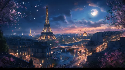 Moonlit Paris skyline glows softly around the Eiffel Tower