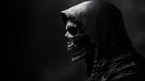 Shadowed skeletal reaper gazes calmly into the darkness