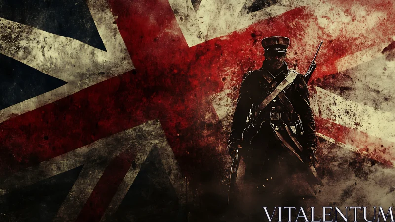 Silhouetted British soldier stands before distressed Union Jack