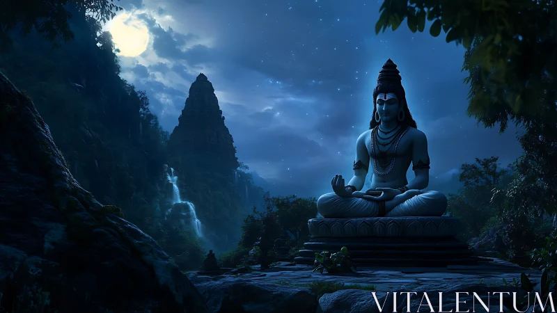 Moonlit Shiva serenade over whispering waterfall valley.