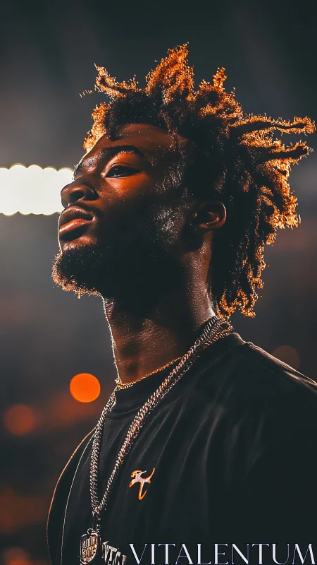 Stadium lights crown a focused athlete in cinematic glow