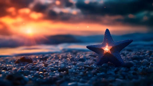 Glowing star-shaped object rests on wet pebbled shoreline at dusk