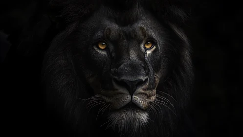 Midnight lion portrait with intense golden gaze.