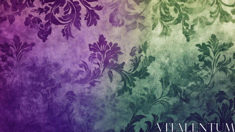Floral damask pattern over textured purple to green gradient