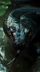 Gleaming jungle serpent holds the camera in molten gold stare