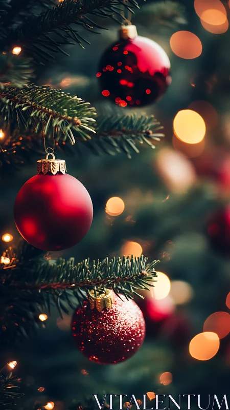 Red ornaments on evergreen Christmas tree with warm lights.