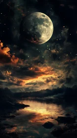 Large moon over dramatic clouds and glowing river at night.