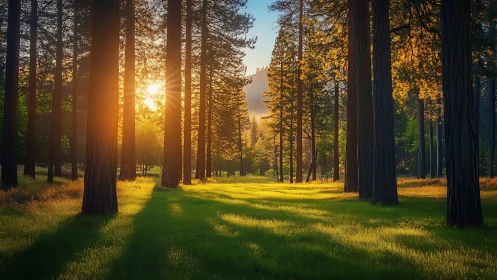 Forest clearing at sunrise with tall conifers and morning light