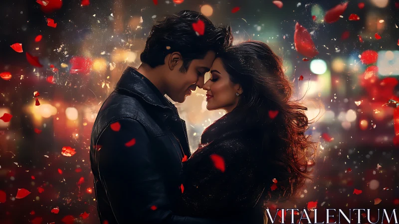 Romantic couple intimate moment with particle effects and warm bokeh lighting.