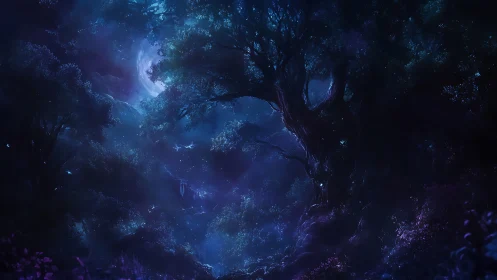 Moon-drenched whisperwood where starlit spirits wander.