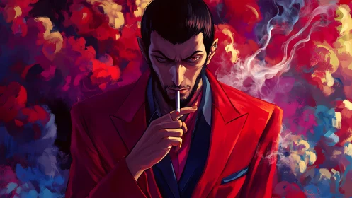 Smoking antihero in red suit amid vivid abstract smoke.