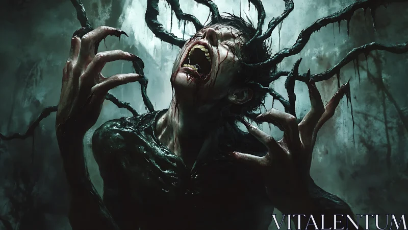 Human figure undergoes tentacular transformation in dark space