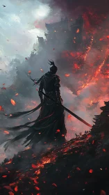 Lone samurai before burning citadel in swirling embers.