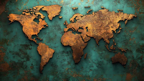 Weathered copper world map glowing on teal patina wall.