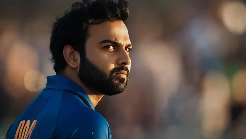 Cricket player studies field under warm stadium dusk light.