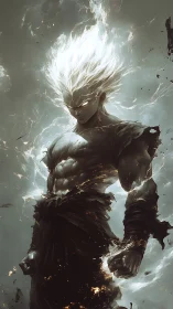 White-haired energy warrior stands in storm of burning light