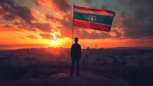 Silhouetted observer holds tricolor flag above city at vivid sunset