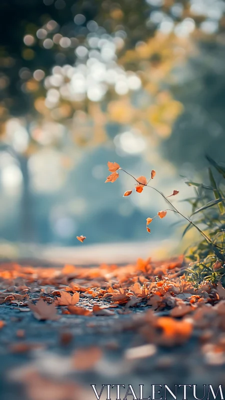 Autumn leaves on woodland path in shallow depth-of-field study.