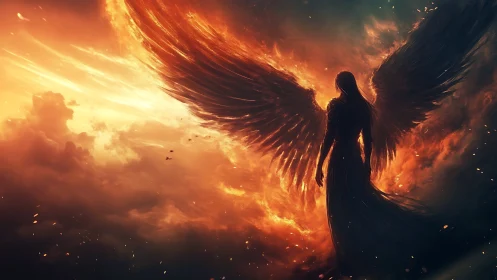Fiery winged angel rises in a storm of light and shadow