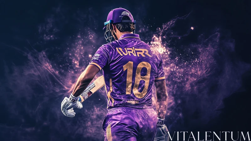 Cricket hero strides forward in glowing purple energy storm.