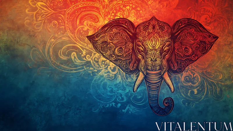 Ornamental elephant head illustration on gradient backdrop.