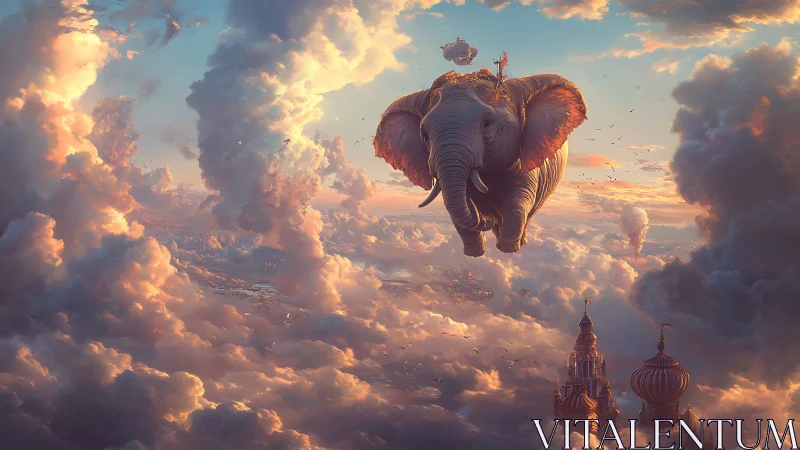 Flying elephant over baroque towers in luminous cloudscape