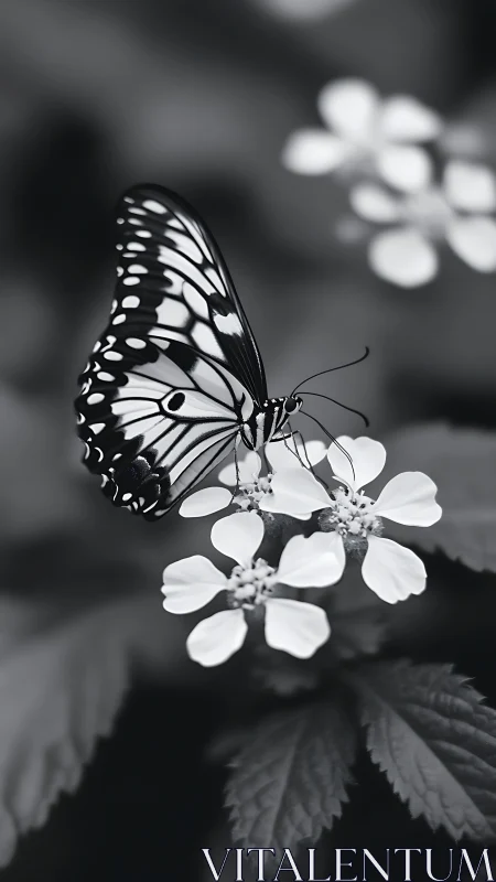 Monochrome butterfly macro on white blossoms in soft bokeh field.