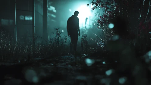 Mysterious figure strolls through a misty, moonlit pathway