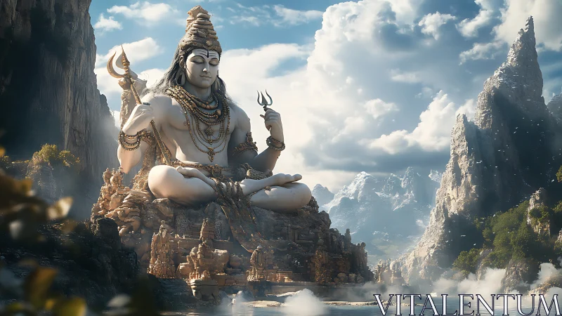 Colossal Shiva monument in misty Himalayan valley landscape.