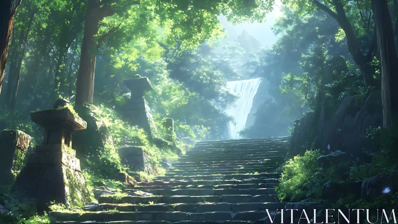 Stone pathway through forested canyon with waterfall.