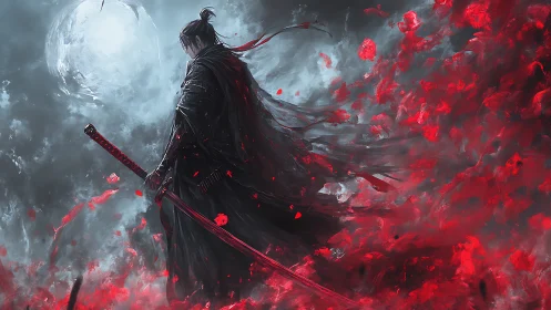 Lone samurai beneath blood-red storm under full moon.
