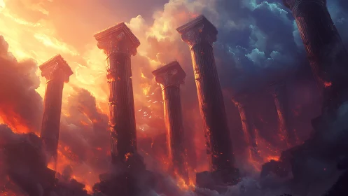 Sky-burned titan columns argue with storm-torn clouds