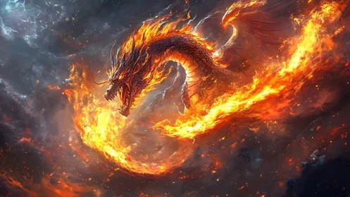 Fire dragon arcs through stormlit sky in blazing fury.