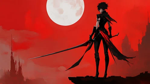 Silhouetted sword figure stands before large full moon
