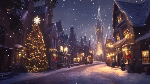 Snowlit village boulevard wrapped in enchanted Christmas glow.