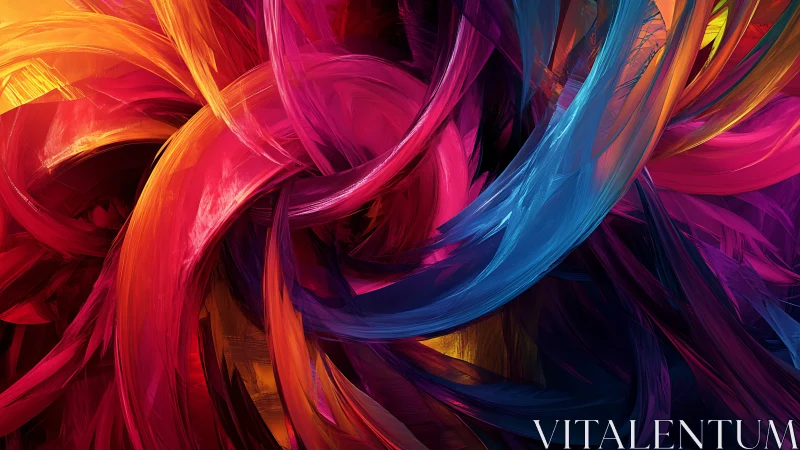 Interlaced multicolored digital brush strokes form curved bands