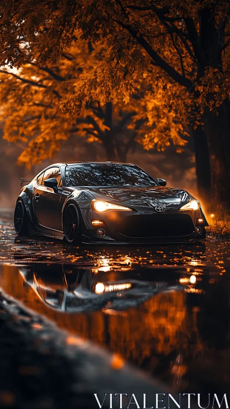 Midnight coupe glides through molten autumn reflections