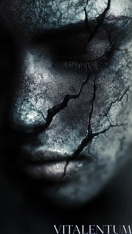 Cracked metallic face in close-up partial side profile view.