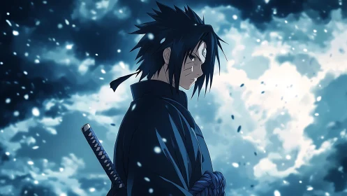 Stormbound swordsman broods beneath swirling midnight sky.