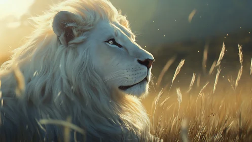 White lion profile in golden backlit savanna grassland.