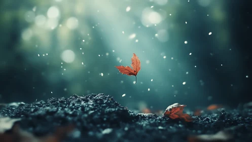 Single red leaf suspended over forest floor in bokeh light.