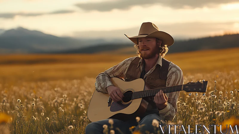 Cowboy guitarist singing in golden mountain meadow at sunset.