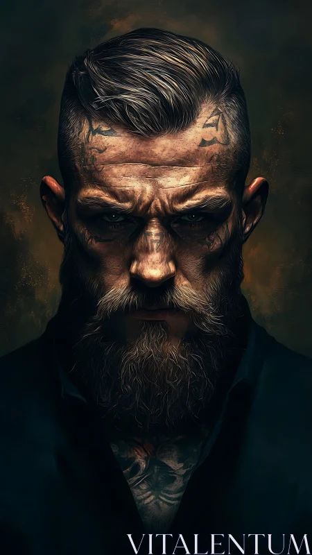 Brooding tattooed man with beard in dramatic portrait.