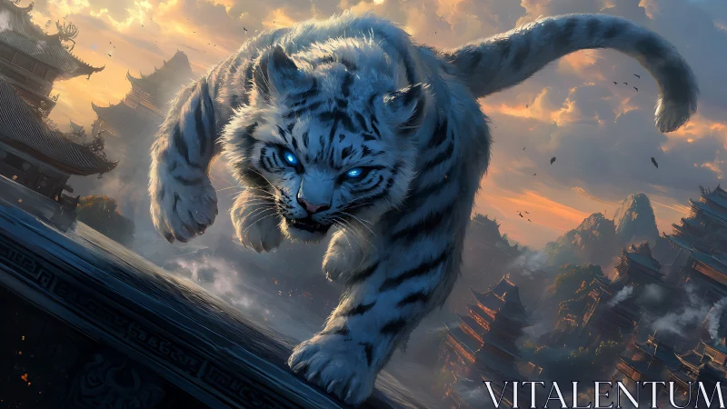 Storm-eyed spirit tiger surges above twilight temple realm.