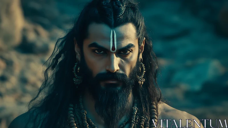 Mystic warrior sage with intense gaze and sacred calm.