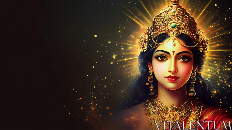 Divine goddess portrait radiates luminous gold aura in profile