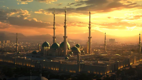 Golden sunset bathes grand mosque with emerald domes.