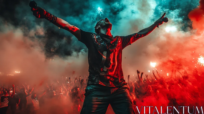 Masked performer commands smoke-filled concert crowd with flares