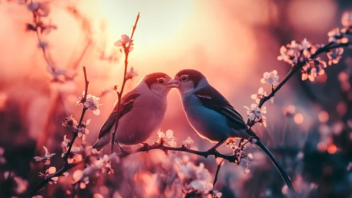 Two Feathered Hearts Share Whispered Promises Among Blossoms.